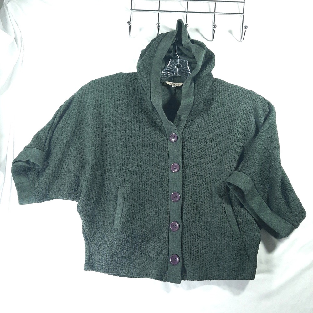 Yak n Yeti Green Waffle Knit Hooded Cardigan Batwing Short Sleeve Pockets SM